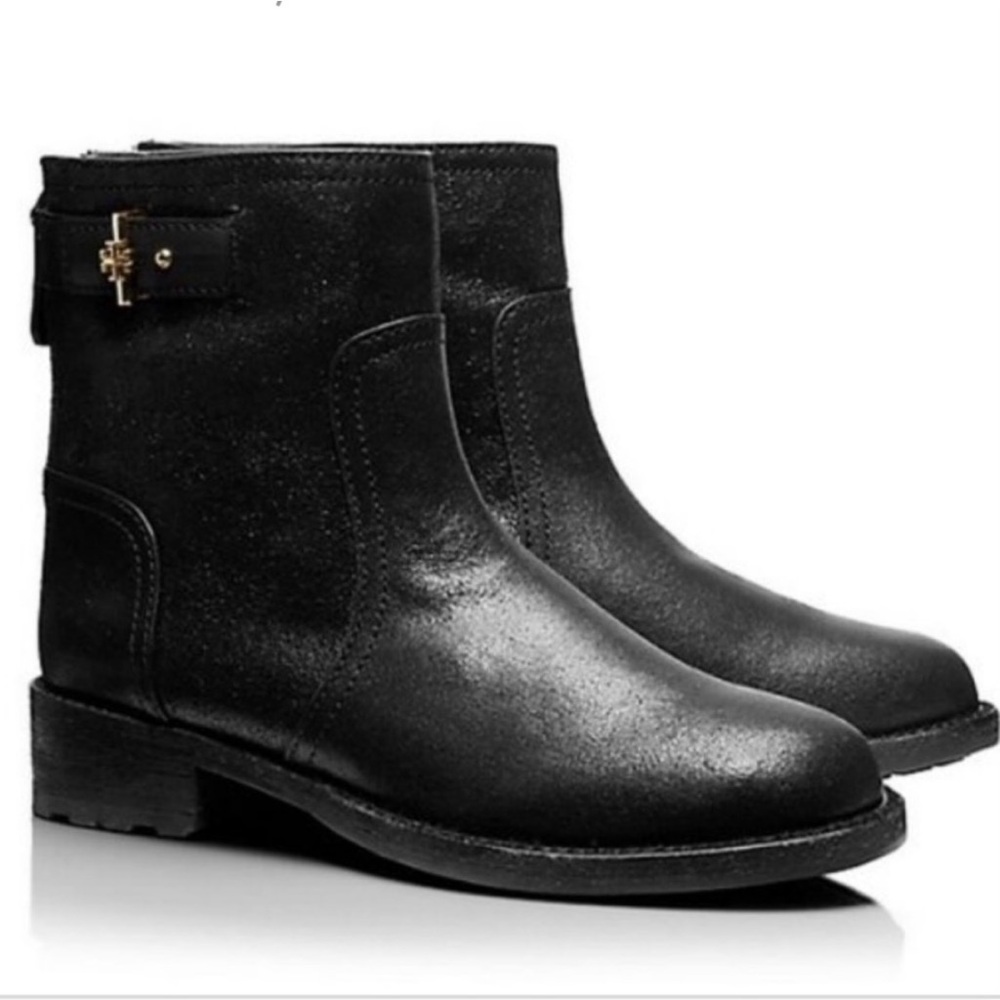 Tory Burch Selena Distressed Suede Vegan Leather Black Moto Lug Ankle Boots Gold